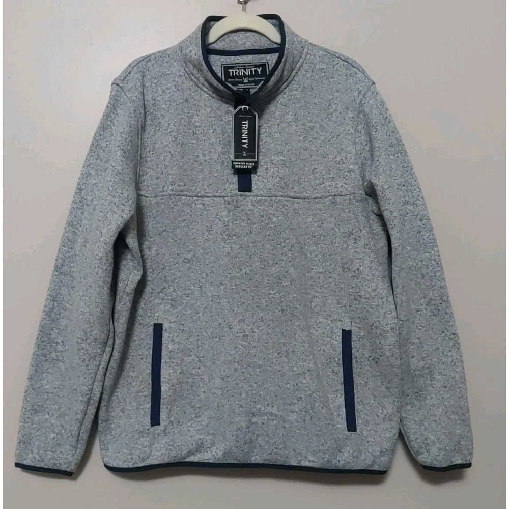 Trinity‎ Men Mock Neck Heather Grey Blue Trim 1/4 Snap Pullover Sweater Size M